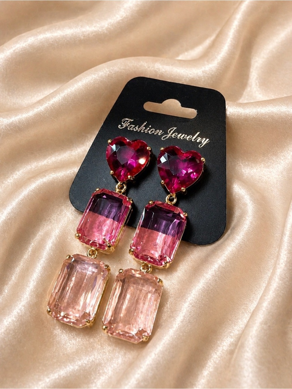 Gold-Tone Pink Triple Drop Crystal Like Earrings